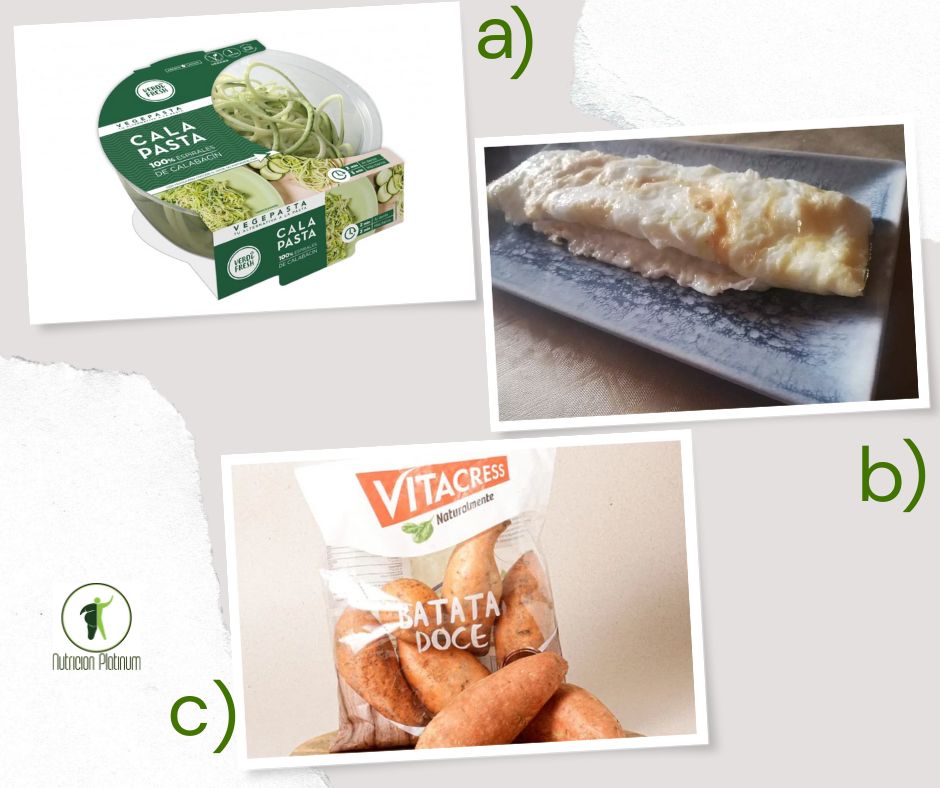 Espaguetis de calabacín con tortilla de claras y boniatos.